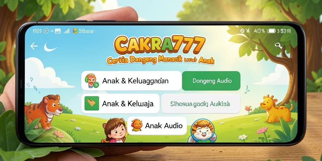 Antarmuka CAKRA777 dengan pilihan dongeng audio untuk anak.
