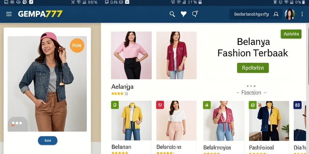 Menampilkan antarmuka aplikasi GEMPA777 untuk belanja fashion.