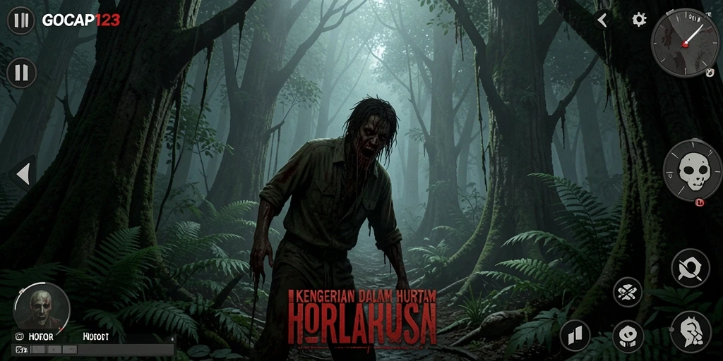 Screenshot GOCAP123 menampilkan suasana hutan yang misterius dan menyeramkan.