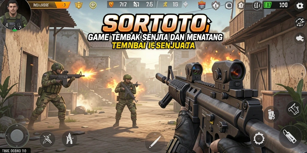 Tampilan antarmuka SORTOTO yang dinamis dan menarik saat bermain tembak senjata.